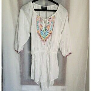 Angie White Floral Rayon Bohemian Embroidered Smock Mini Dress Semi Sheer Size S